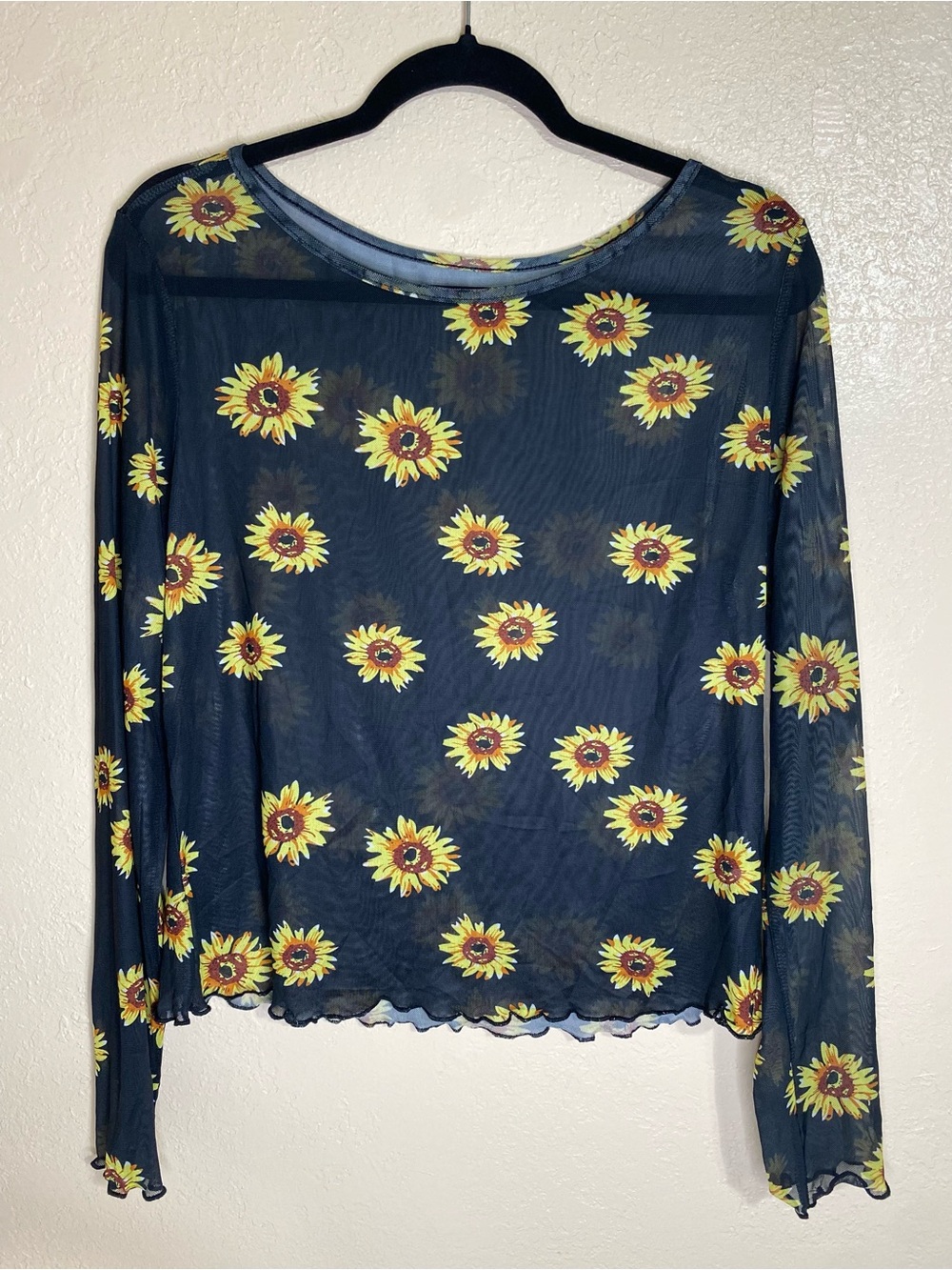 SHEIN Black Sheer Sunflower Mesh Long-Sleeve Top